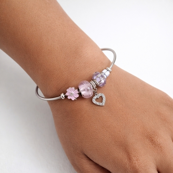Jewelry - Silver Color Gold Plated Charm Bracelet Pink Crystal Beads Heart Charm Adjustabl